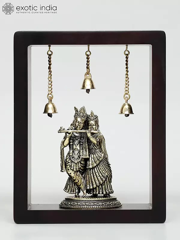 9" Wood Framed Superfine Radha - Krishna in Brass | Wall Hanging