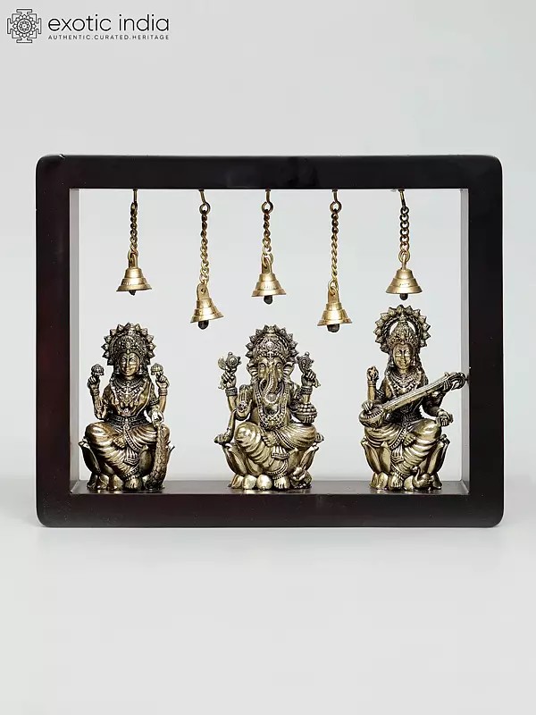 10" Superfine Lakshmi Ganesha Saraswati | Wood Framed Brass Sculptures | Wall Hanging