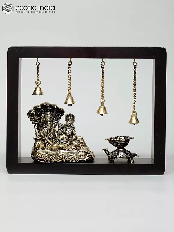 10" Superfine Lakshmi - Narayan Seated on Sheshnag with Tortoise Diya | Wood Framed Brass Sculpture | Wall Hanging