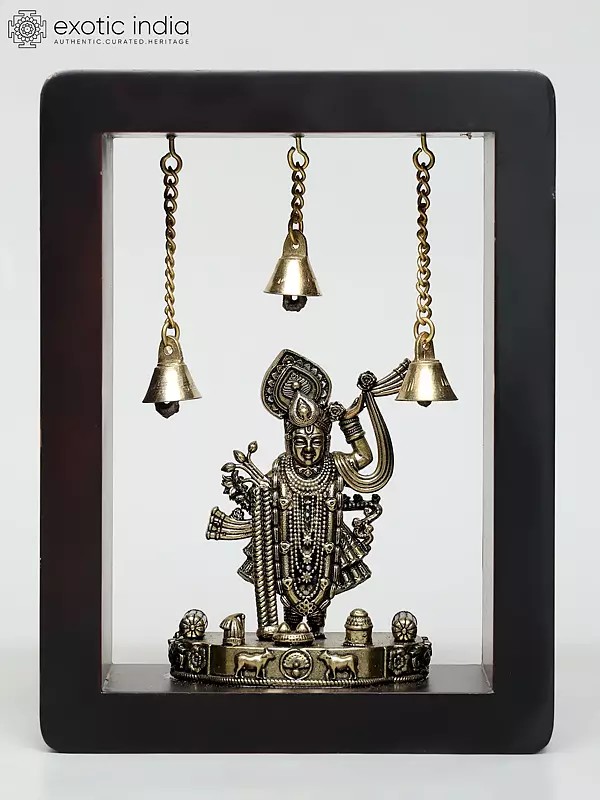 8" Wood Framed Superfine Shrinath Ji Statue in Brass | Wall Hanging