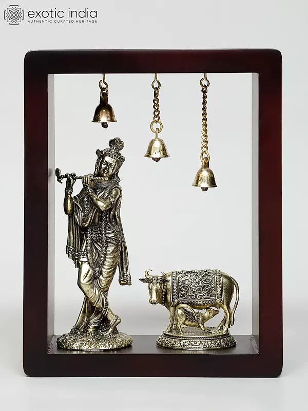 9" Superfine Fluting Lord Krishna with Cow and Calf | Wood Framed Brass Sculptures | Wall Hanging