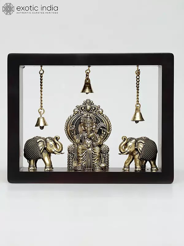 9" Superfine Vighnaharta Ganesha with Elephants | Wood Framed Brass Sculpture | Wall Hanging