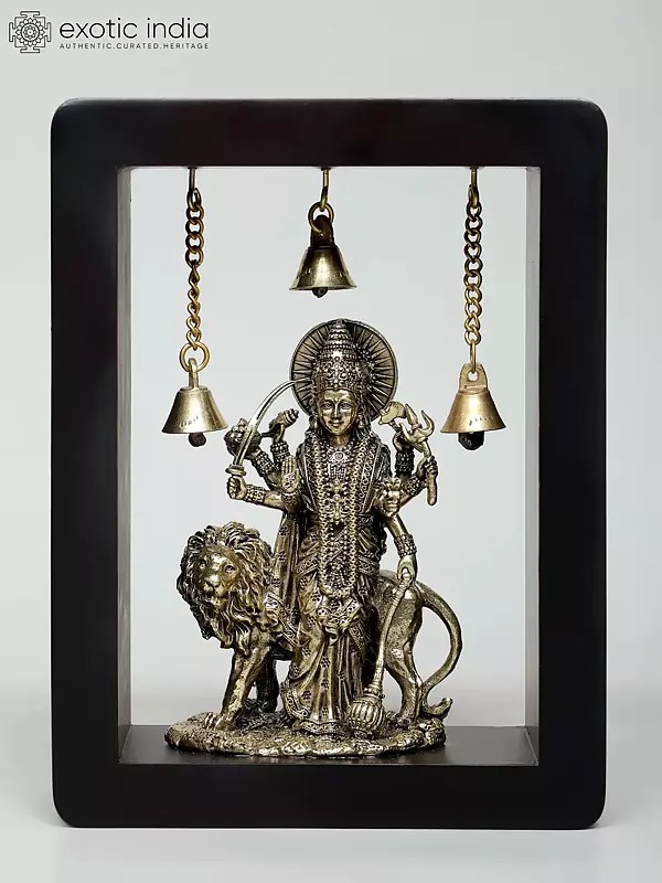 8" Superfine Standing Goddess Durga (Sherawali Maa) | Wood Framed Brass Sculpture | Wall Hanging