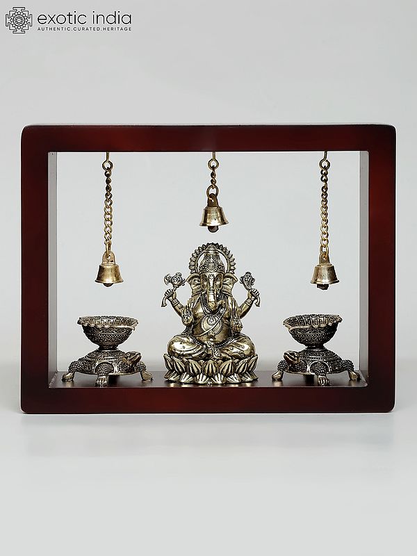 9" Superfine Blessing Lord Ganesha with Tortoise Lamps and Bells | Wood Framed Brass Sculpture | Wall Hanging