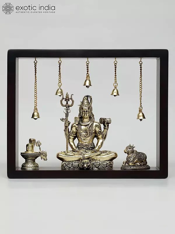 12" Superfine Sitting Lord Shiva with Nandi and Shivalinga | Wood Framed Brass Sculptures | Wall Hanging