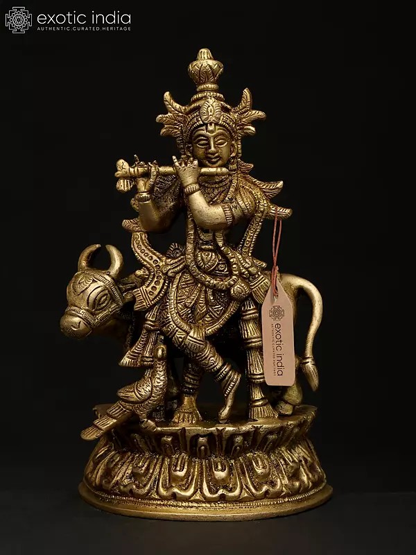 7" Fluting Lord Krishna with Cow and Peacock | Brass Statue