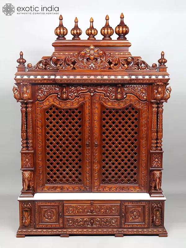 72" Huge Wood Carved Designer Puja Temple with Double Doors