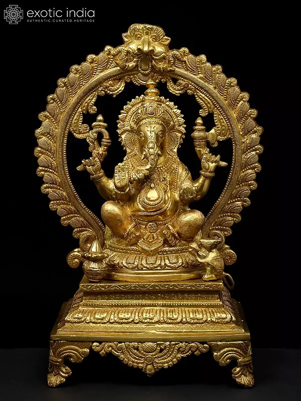 13" Seated Ganesha Seated on Prabhawali Throne In Brass | Handmade | Made In India