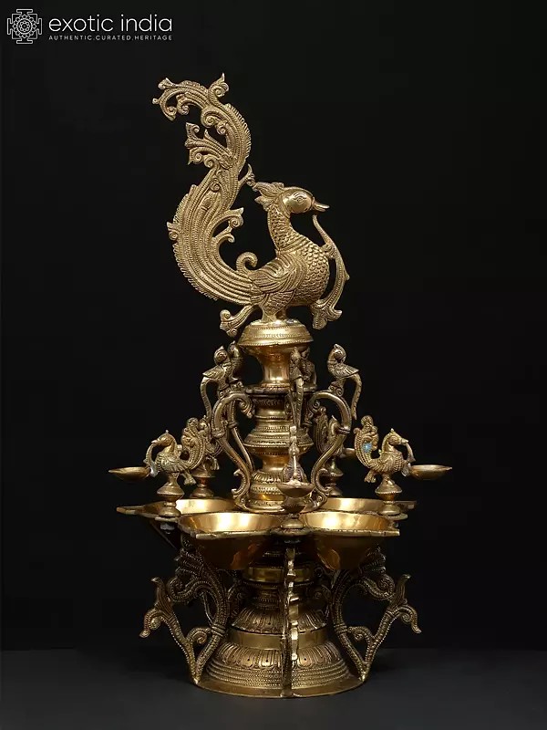 22" Auspicious Peacock Lamp in Brass | Handmade | Made in India