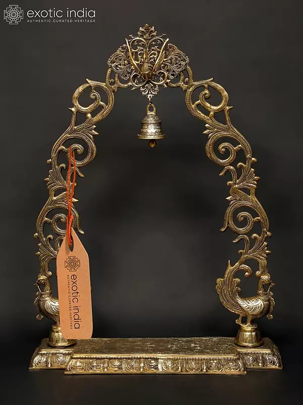 45" Large Tusk Peacock Brass Prabhavali (Arch) with Bell | Handmade