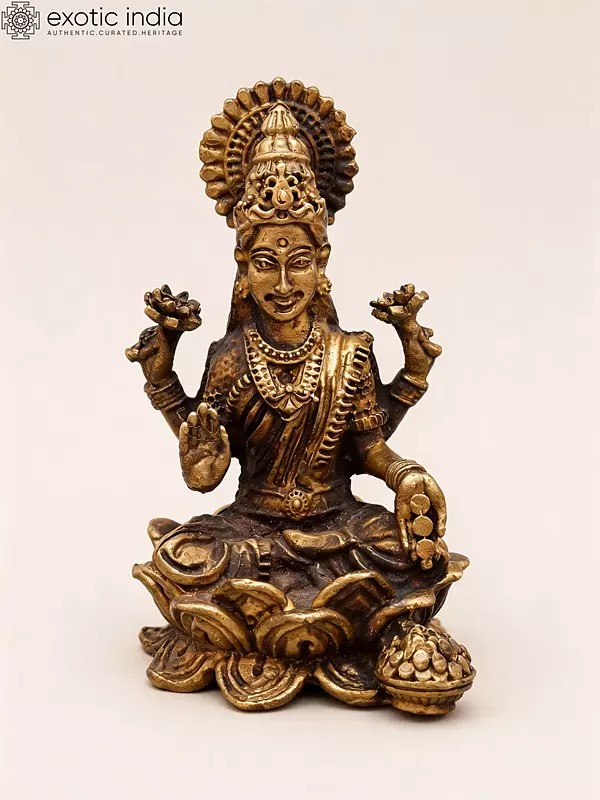 Small Blessing Goddess Lakshmi Seated on Lotus | Copper Statue