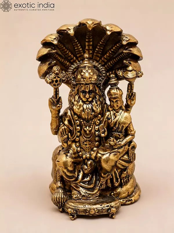 Copper Statue of Lakshmi Narasimha Seated on Sheshnag (3" Small)