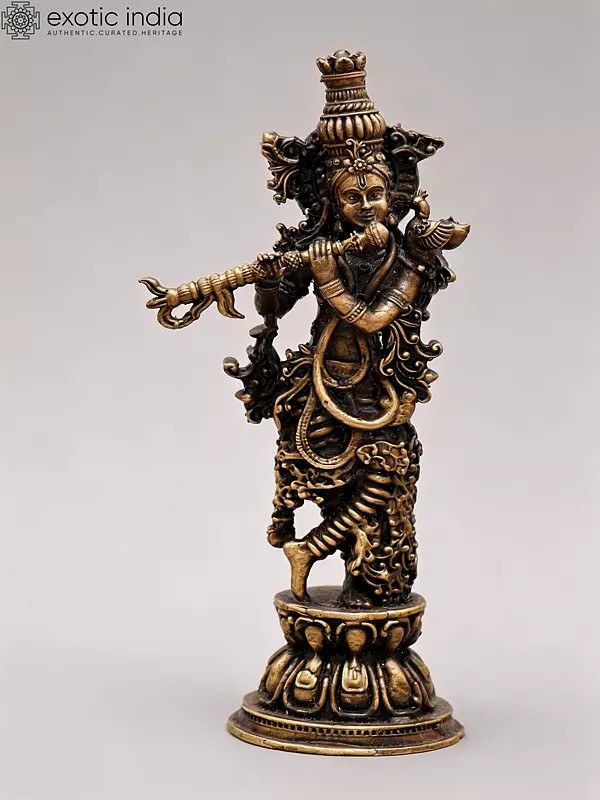 Small Copper Statue: Lord Krishna with Flute