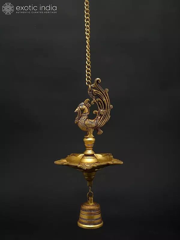 16" Wall Hanging Peacock Lamp in Brass