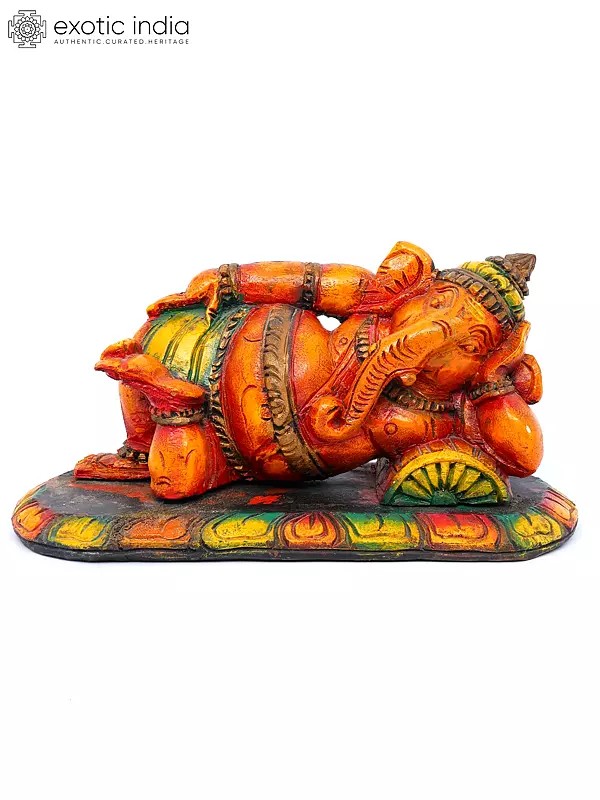 14" Sleeping/Relaxing Lord Ganesha | Wood Carving