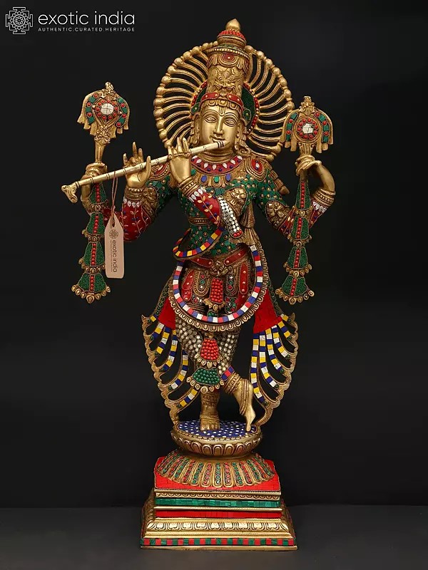 31" Large Four Armed Fluting Lord Krishna | Brass Statue with Inaly Work