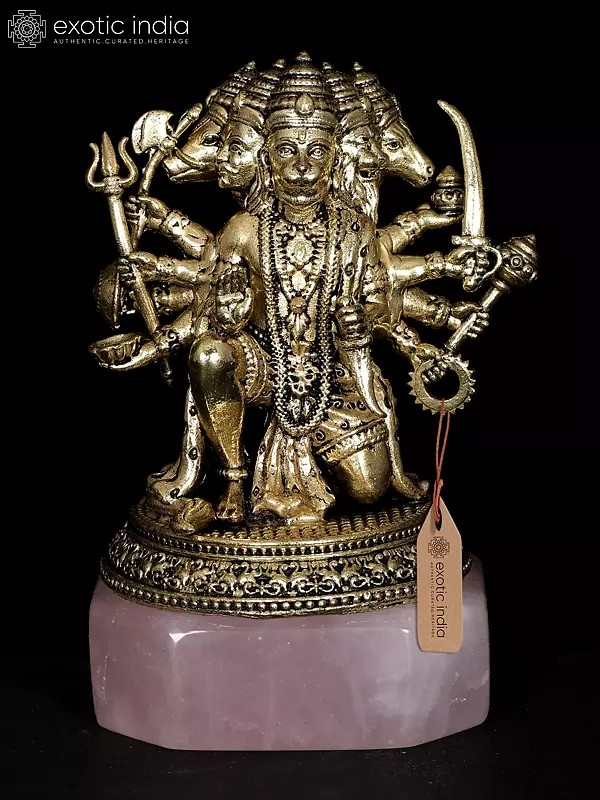 4" Small Brass Superfine Panchamukhi Lord Hanuman on Rose Quartz Gemstone Base