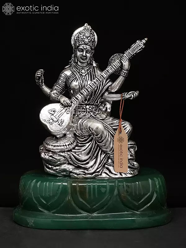 4" Small Brass Superfine Goddess Saraswati on Jade Base