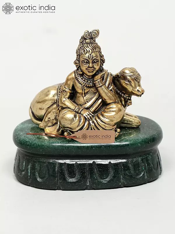 3" Small Brass Superfine Cow Krishna on Jade Base
