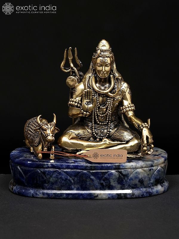 4" Small Brass Superfine Lord Shiva with Nandi on Lapis Lazuli Gemstone Base