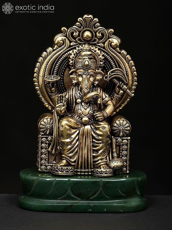 5" Small Brass Superfine Blessing Lord Ganesha Seated on Throne with Jade Base