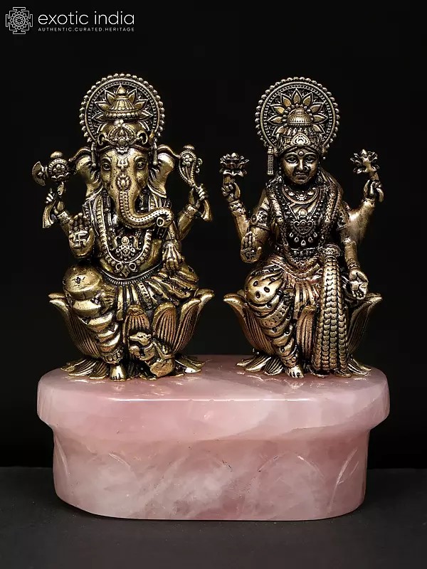 4" Small Brass Superfine Lakshmi Ganesha on Rose Quartz Gemstone Base