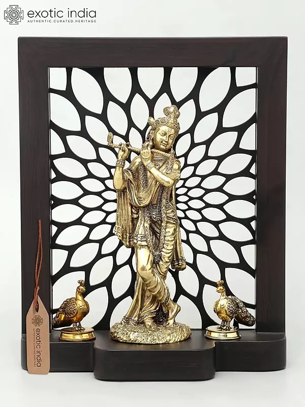 11" Designer Wood Framed Superfine Lord Krishna Statue in Brass with Peacocks