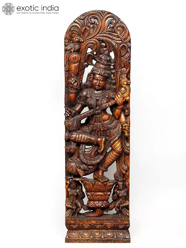 52" Large Dancing Goddess Saraswati | Wood Carved Statue