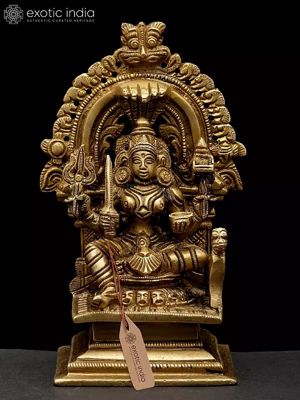 5" Small Goddess Mariamman Seated on Kirtimukha Throne | Brass Statue