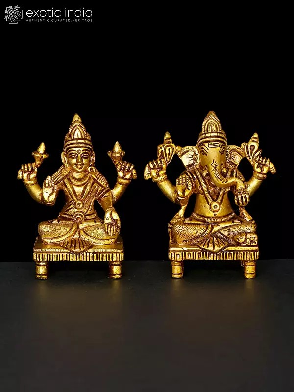 3" Small Pair of Lakshmi - Ganesha Brass Statues | Made In India