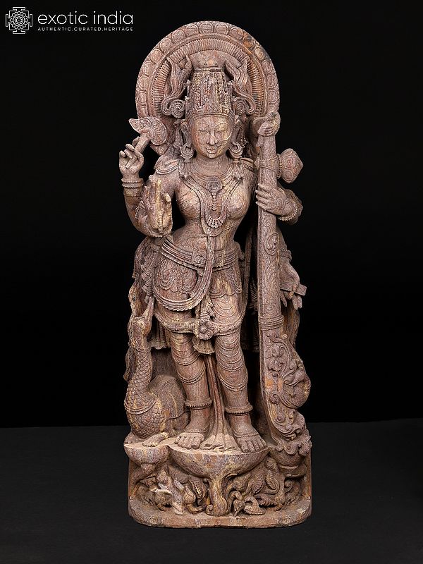 72" Huge Standing Goddess Saraswati | Khondalite Stone Sculpture | Shipped by Sea