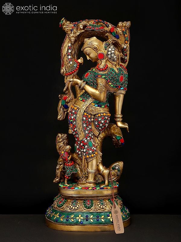 18" Celestial Nymph with Parrot Passing Message | Apsara Brass Statue with Inlay Work