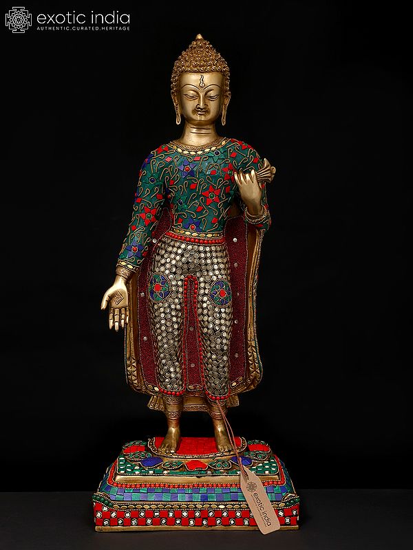 22" Standing Lord Buddha | Brass Statue with Inlay Work