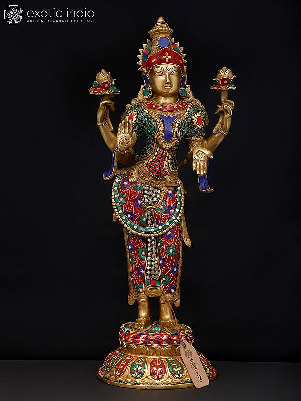 24" Four Armed Standing Goddess Lakshmi | Brass Statue with Inlay Work