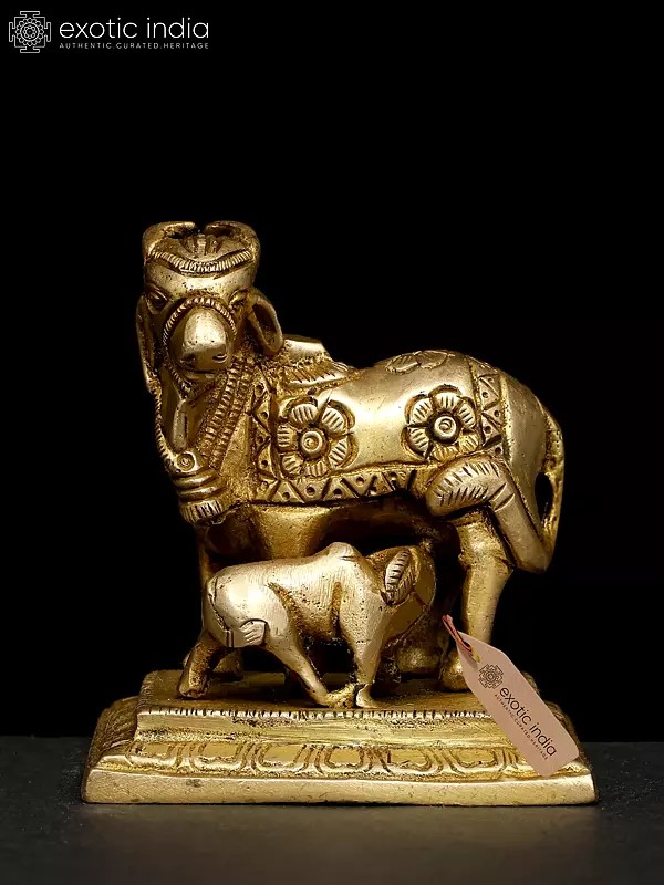 3" Small Cow and Calf Statue in Brass