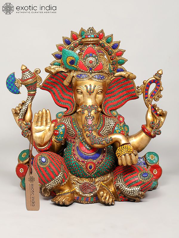 26" Chaturbhuja Blessing Lord Ganesha | Brass Statue with Inlay Work