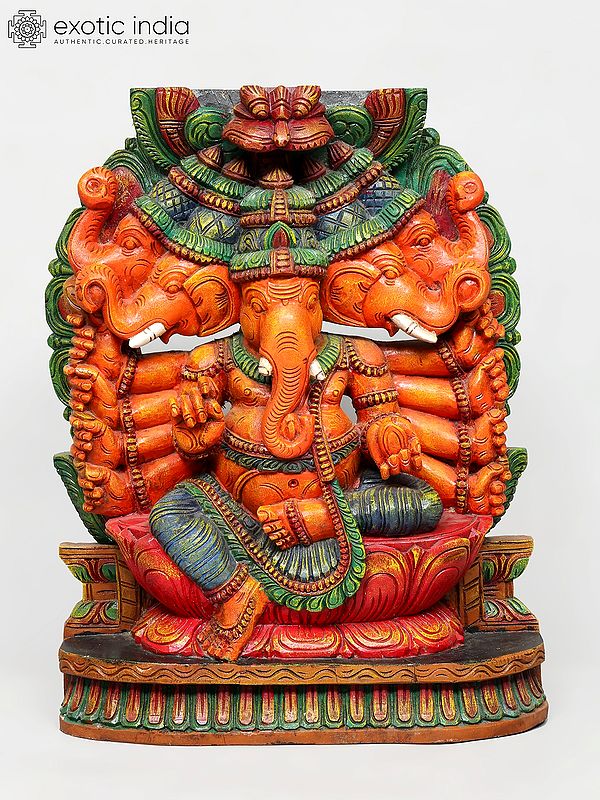 24" Panchamukhi Lord Ganesha Seated on Kirtimukha Throne | Wood Carving