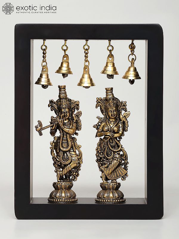 8" Superfine Radha Krishna Statues with Bells | Wood Framed Brass Sculptures | Wall Hanging