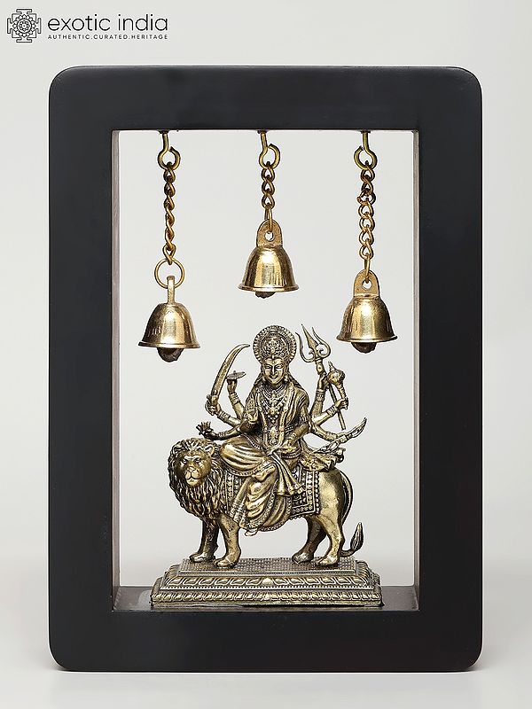 7" Wood Framed Superfine Goddess Durga (Sherawali Maa) in Brass | Wall Hanging