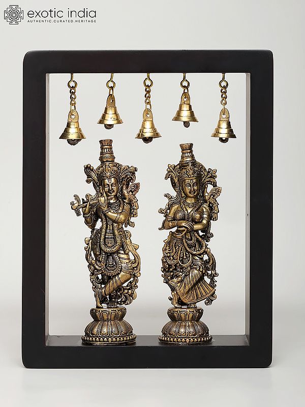 9" Superfine Standing Radha Krishna | Wood Framed Brass Sculptures | Wall Hanging