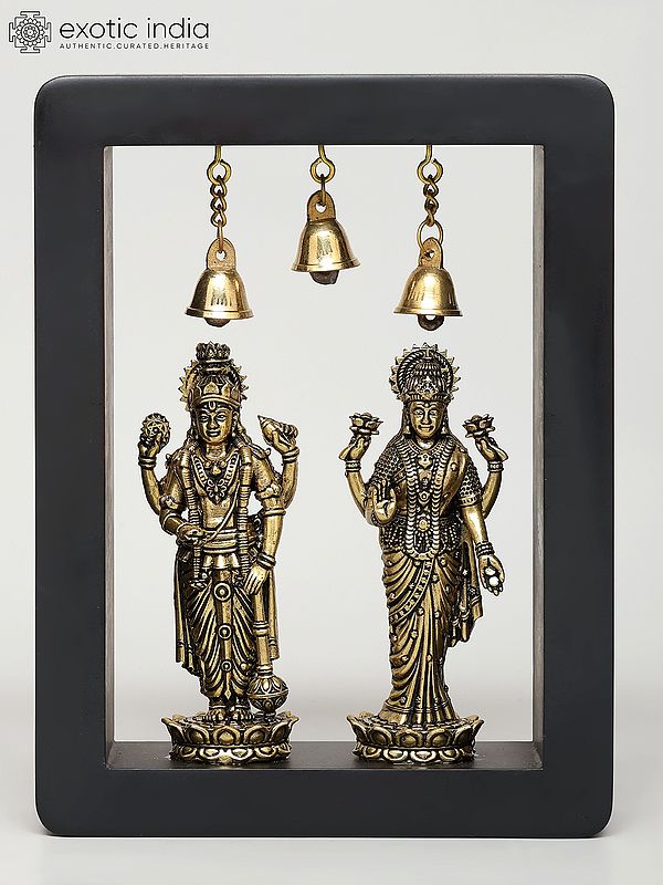 8" Superfine Standing Lakshmi - Narayan with Bells | Wood Framed Brass Sculptures | Wall Hanging