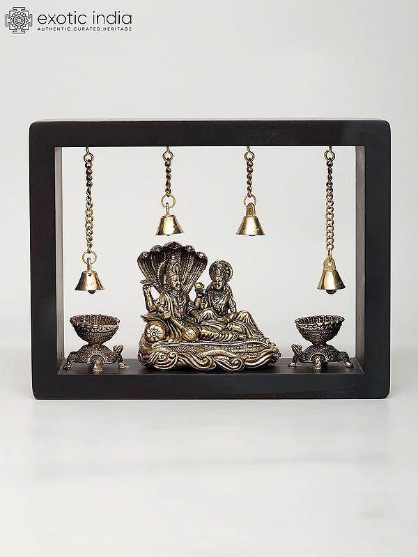 9" Superfine Lakshmi - Narayan Seated on Sheshnag with Tortoise Diya | Wood Framed Brass Sculpture | Wall Hanging