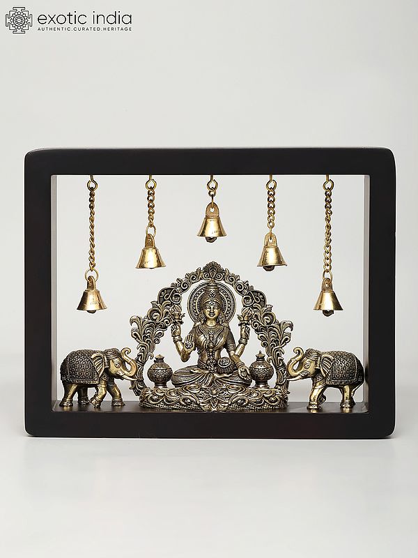 9" Superfine Gajalakshmi with Dangling Bells | Wood Framed Brass Sculpture | Wall Hanging