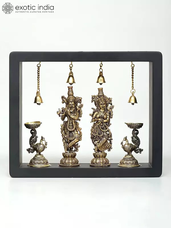 11" Superfine Radha Krishna with Peacock Lamps | Wood Framed Brass Sculptures | Wall Hanging