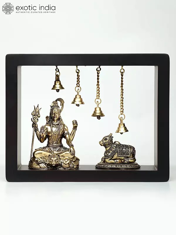 9" Wood Framed Superfine Blessing Lord Shiva with Nandi | Wall Hanging