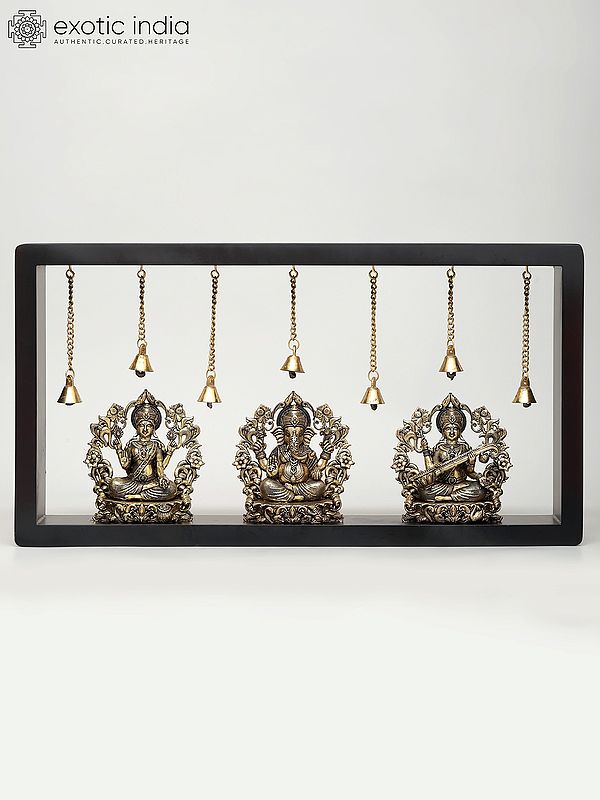 17" Superfine Lakshmi Ganesha Saraswati | Wood Framed Brass Sculptures | Wall Hanging