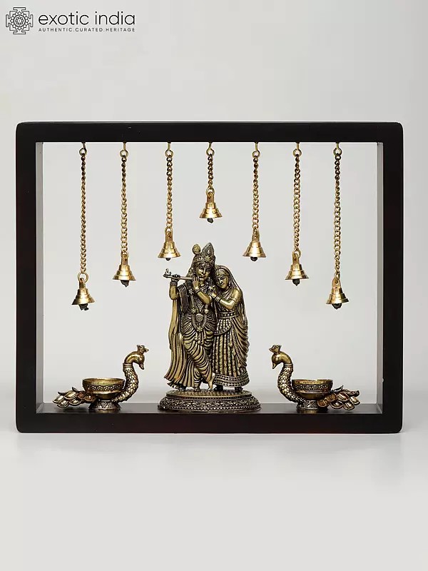 12" Superfine Standing Radha Krishna with Peacock Lamps | Wood Framed Brass Sculpture