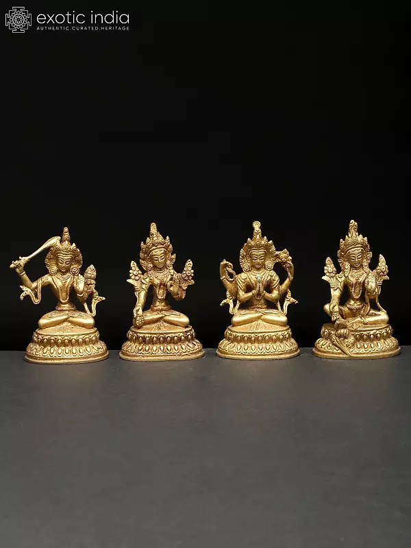 4" Small Set of Four Buddhist Deities (Manjushri, White Tara, Chenrezig, Green Tara) | Brass Statues