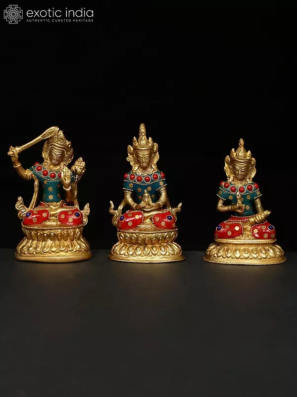 4" Small Set of Three Buddhist Deities | Brass Statues with Inlay Work