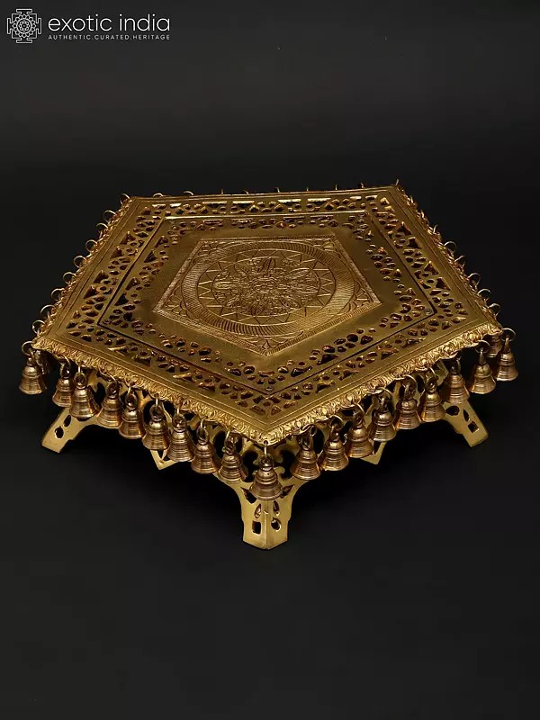 19" Pentagon Shaped Brass Pedestal (Chowki) with Dangling Bells